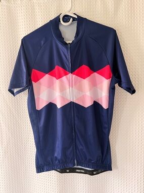 Navy Cycling Jersey with Pink & Red Geometric Stripe